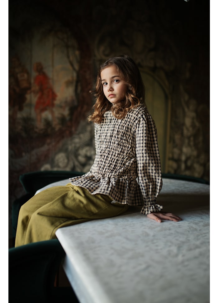 Petit Blush Flow Blouse Check Beige Blue