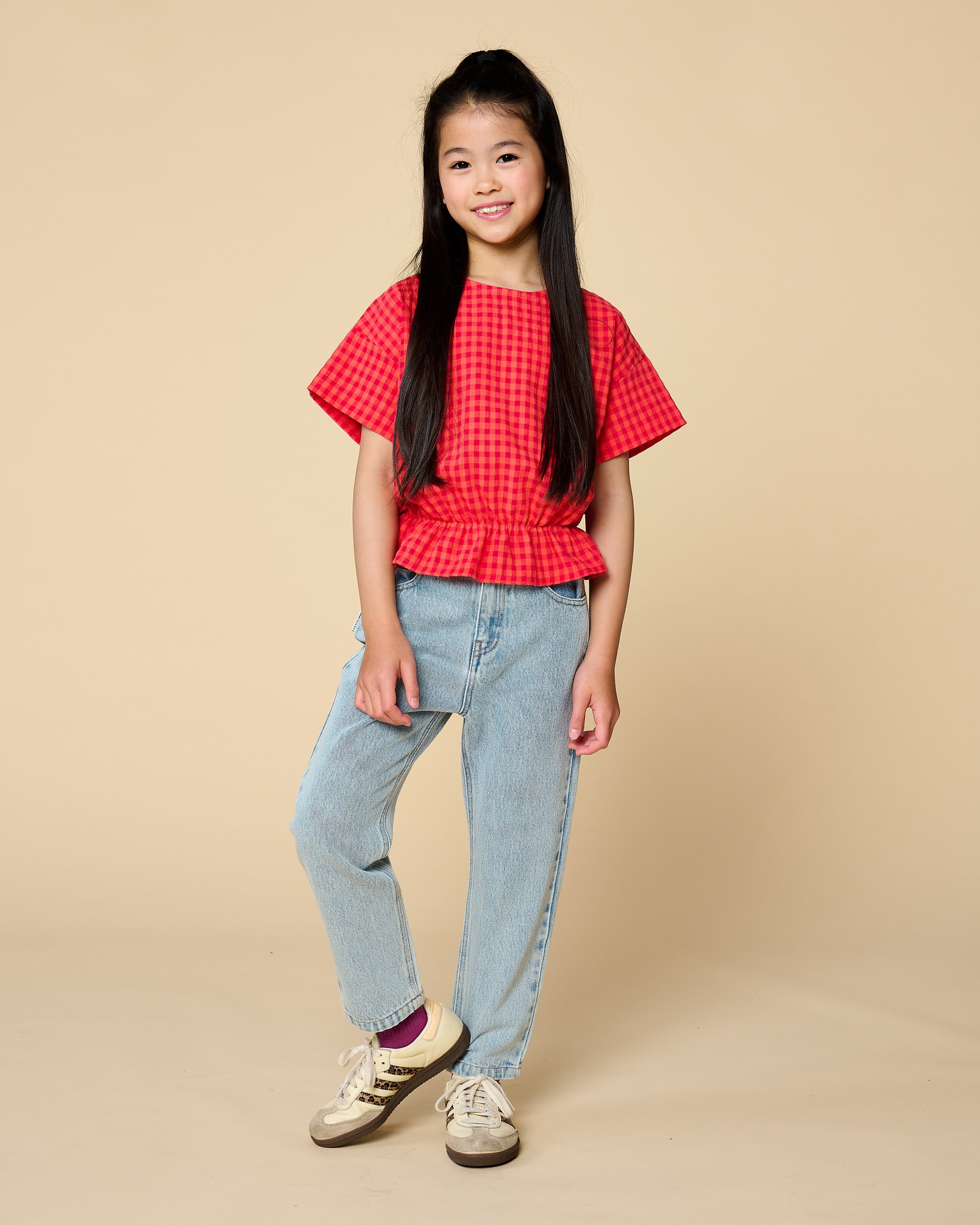 Petit blush Blouse Elastic Waist Check Red