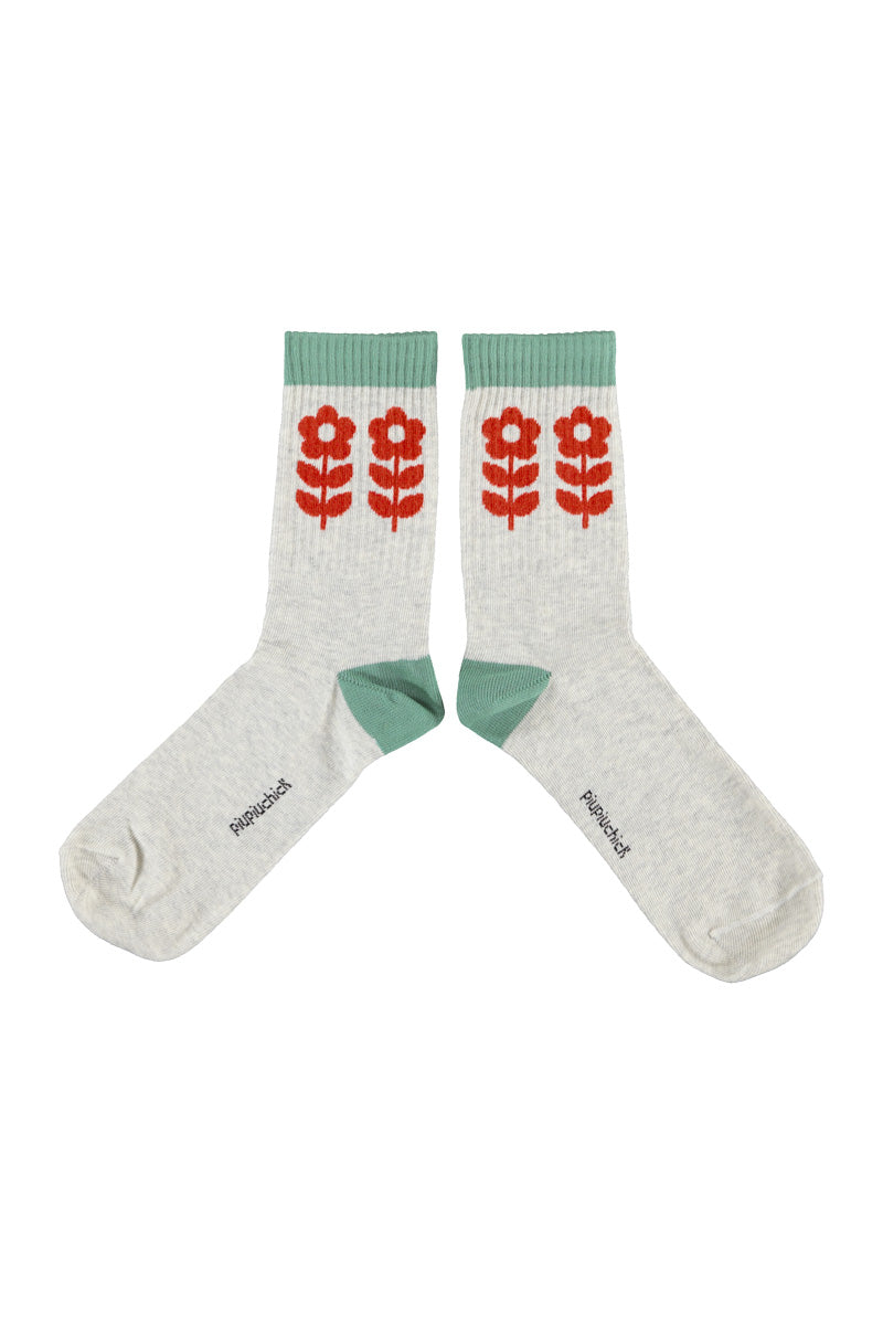 Piupiuchick Socks Light Grey W/ Red Flowers