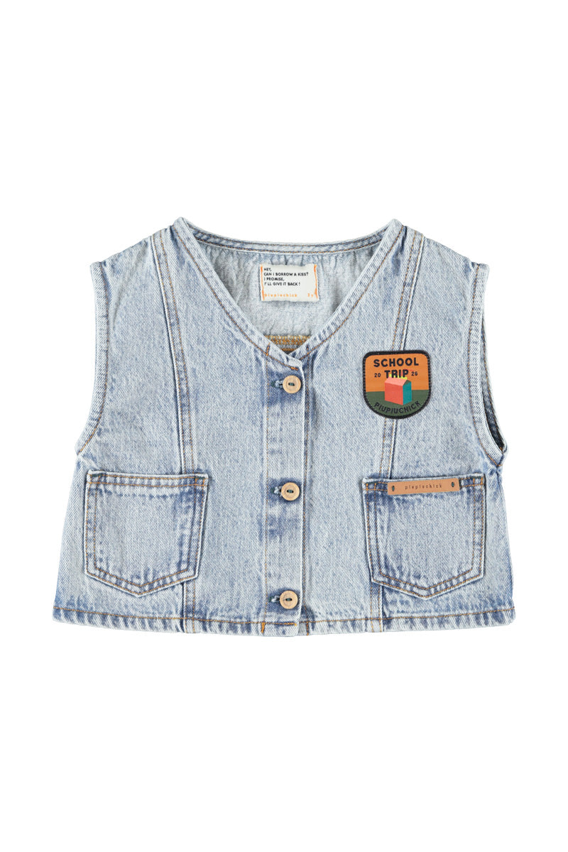 Piupiuchick Waistcoat | Fadded Light Blue Denim W/ "Captain" Print