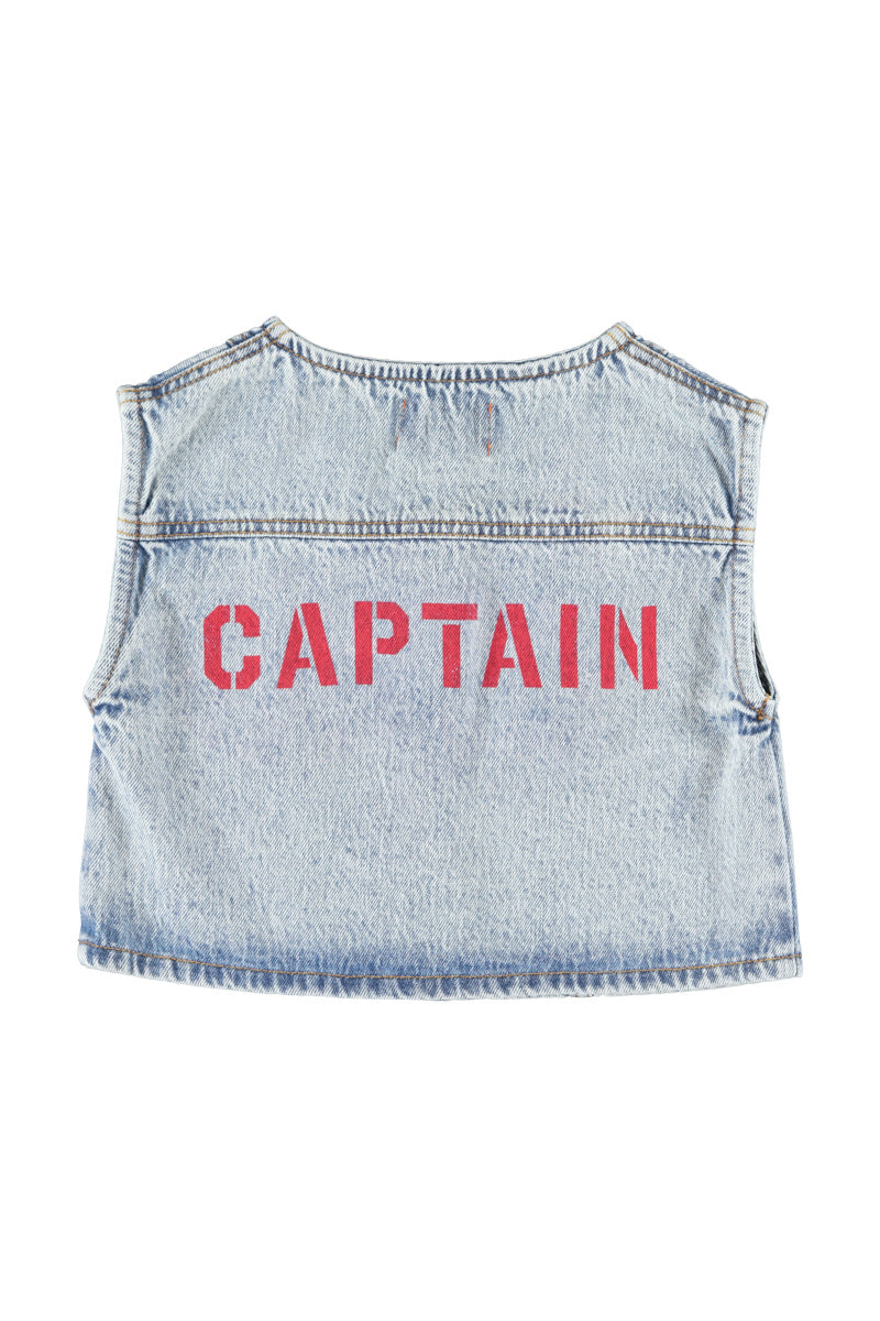 Piupiuchick Waistcoat | Fadded Light Blue Denim W/ "Captain" Print